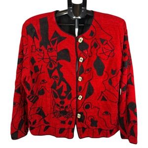Allure Vintage Red Black Embroidered Cat Animal Art to Wear Jacket Womens XL